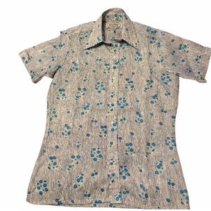 70s floral dagger collar short sleeve shirt blue